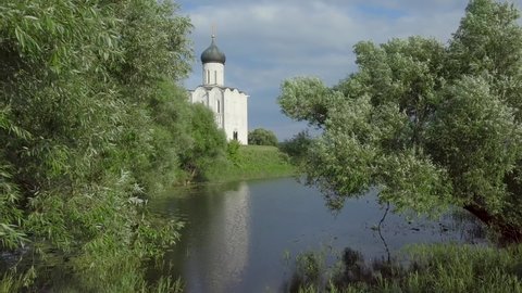 White Church on the hill, summertime, daylight. Church of interception of the holly virgin on the Nerl river. Russian Federation, Vladimir region, Bogolubovo.