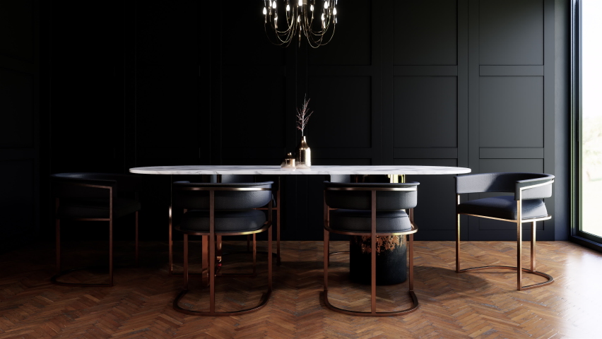 3d rendering luxury dinning room interior sun light from window decorated with marble top table black classic wall panel and wooden floor in 4K. | Shutterstock HD Video #1063145698