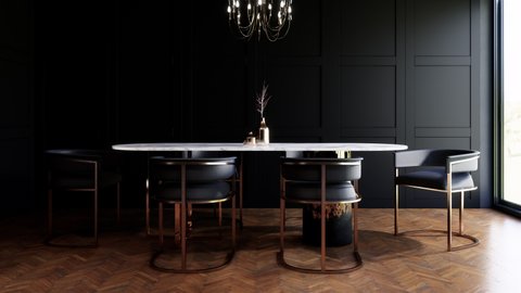3d rendering luxury dinning room interior sun light from window decorated with marble top table black classic wall panel and wooden floor in 4K.
