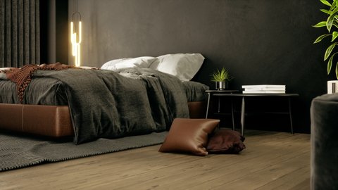 Modern luxury bedroom interior with 4k scene,  3d rendering dark tone and elegance interior design.