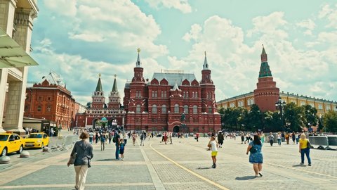 Moscow , Russia - 07 20 2019: Large crowds converge on Moscow's Red Square during peak tourist season. . 