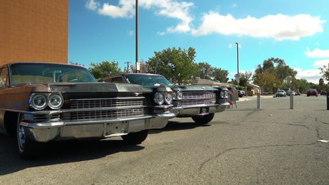 Lancaster , California , United States - 09 28 2019: Row of classic Cadillacs on display at car show