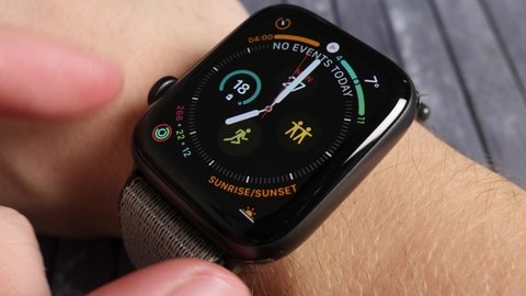 Bilten , Switzerland - 01 28 2020: man checking his heart rate on apple watch