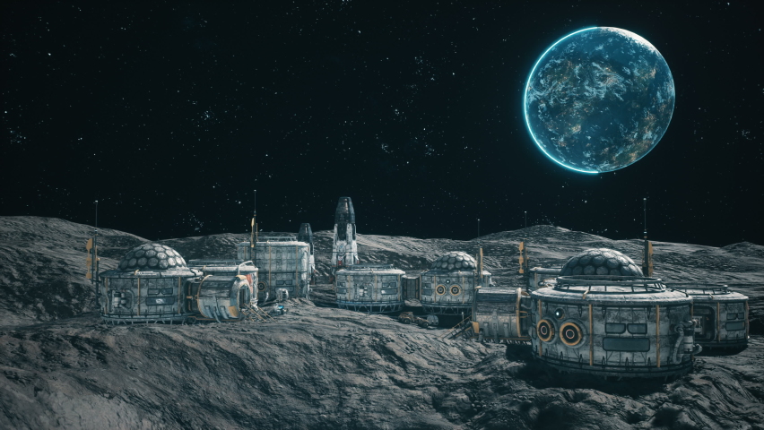 A view of the surface of another planet, a lunar colony or a space base with space rockets standing nearby. Animation for sci-fi, futuristic or space backgrounds.