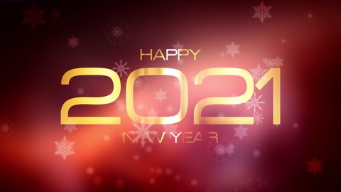 Happy new year 2021 festive background concept. 4K 3D Beautiful Falling Snowflake Happy New Year magical flare light leak. The Happy New Year 2021 golden shining text on blurry blinking winter light.