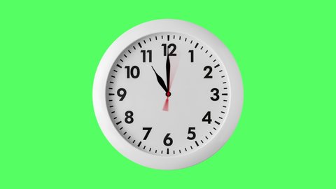 seamless looping animation with white wall large clock. arrows spin clockwise. green screen or chroma key background for copy space