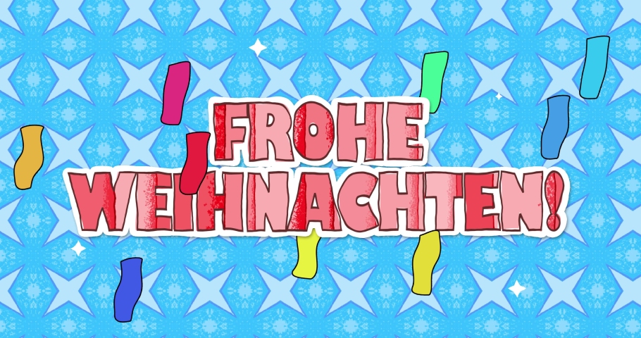 Light background with the inscription Frohe Weihnachten - MERRY CHRISTMAS in German,in the style of a child