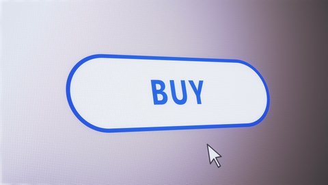Buy button pressed on computer screen by cursor pointer mouse.Concept of purchase or purchasing a product on an online ecommerce shopping,get,pay,add and order.