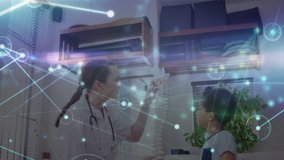 Digital animation of glowing network of connections moving against female doctor showing human spine model to a girl at hospital. medicine research science and global networking - Powered by Shutterstock - Get 15% off with code: PIKWIZARD15