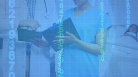 Digital animation of financial data processing and binary coding against male doctor and female medical professional discussing over clipboard and digital tablet at hospital. medicine research science - Powered by Shutterstock - Get 15% off with code: PIKWIZARD15
