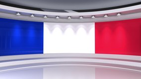 TV studio. France. French flag studio. french flag background. News studio. The perfect backdrop for any green screen or chroma key video or photo production. 3d render. 3d
