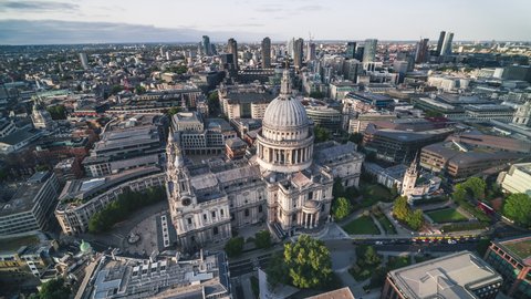 Establishing Aerial View Shot of London UK, St Paul's Cathedral, United Kingdom, sunny day, historic landmark, high view