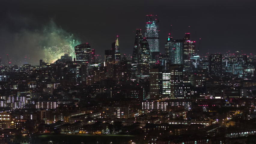 Magical Fireworks, New Year Celebrations, Establishing Aerial View Shot of London UK, United Kingdom
