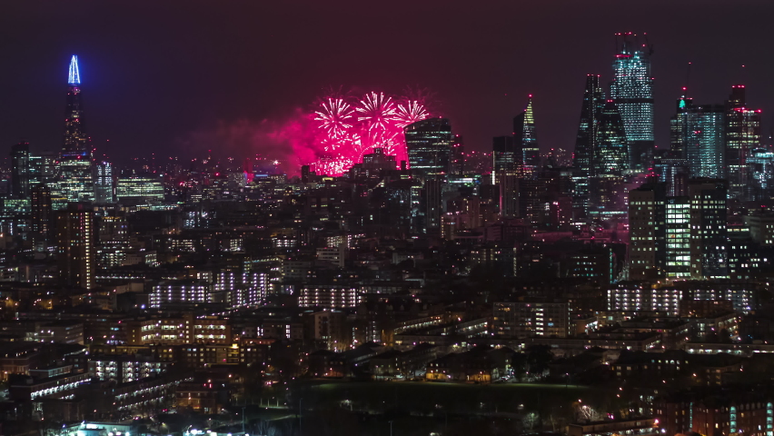 Amazing Fireworks, New Year Celebrations, Establishing Aerial View Shot of London UK, United Kingdom