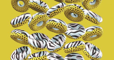Minimal motion design. 3d creative animal prints donuts on yellow background. Fast food concept art. 4k video