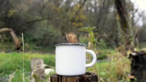 Iron mug with hot drinks standing on a stump in the forest close-up. Steam rises from the cup. Video with sound.