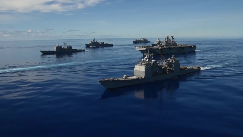 CIRCA 2020 Aerial of U.S. Navy ships in formation during Valient Shield joint blue water training exercise in the Philippine Sea.