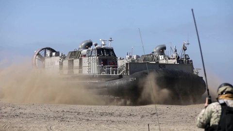 CIRCA 2020 U.S. Marines 1st Combat Engineer Battalion amphibious landing exercise on a beach at Camp Pendleton, CA.