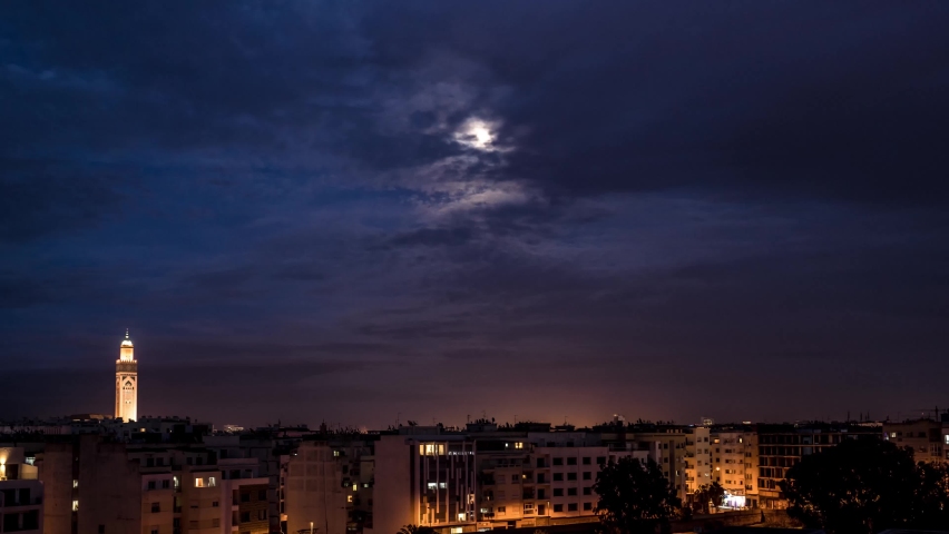 Casablanca city timelapse day to nigh seen from a high bulding in Morocco