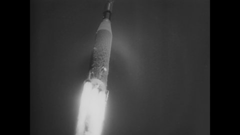 CIRCA 1964 - The Ranger VII rocket flies into outer space, and takes photographs of the lunar surface.