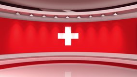 TV studio. Switzerland. Swiss flag studio. Spanish flag background. News studio. The perfect backdrop for any green screen or chroma key video or photo production. 3d render