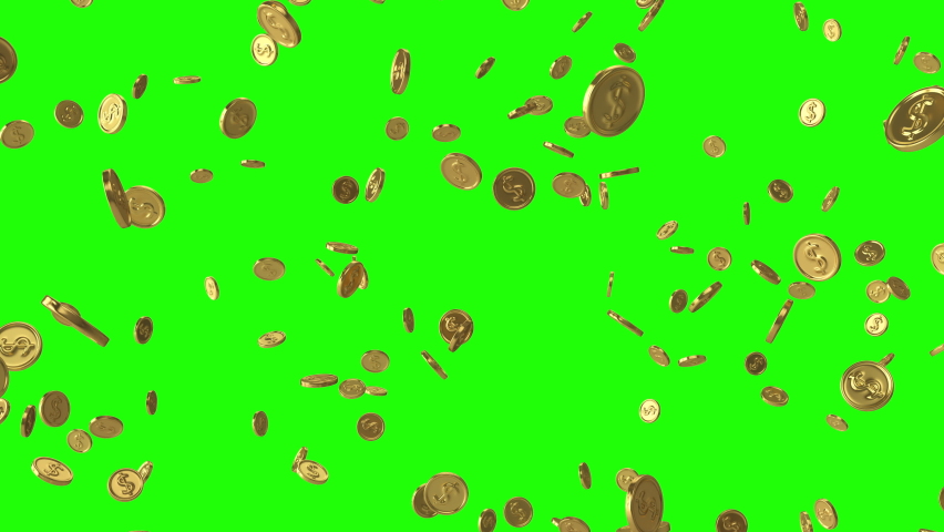 Falling gold coins with dollar symbol. Looped animation on a green background.