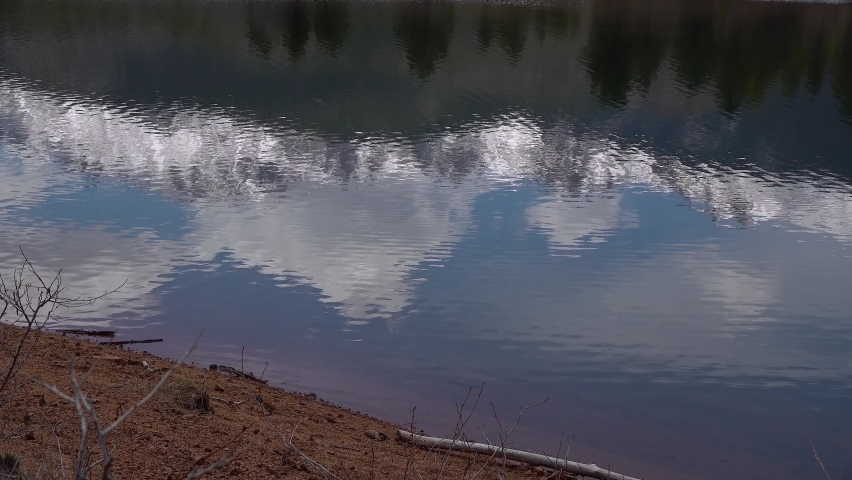 Reflection of snow-capped mountains in the water of the lake, Pikes Peak Mountains in Colorado Spring,  USA