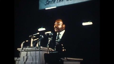 CIRCA 1968 - Shortly before his assassination in Memphis, Tennessee, Martin Luther King Jr. gives a speech declaring that he will never give.