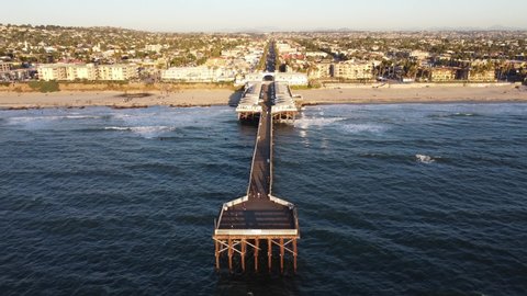 SAN DIEGO, CALIFORNIA - CIRCA 2020 - Aerial over Crystal Pier and Pacific Beach in San Diego, California.
