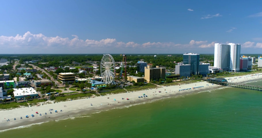 Aerial Drone, Myrtle Beach with Skywheel, Tourists, 4K