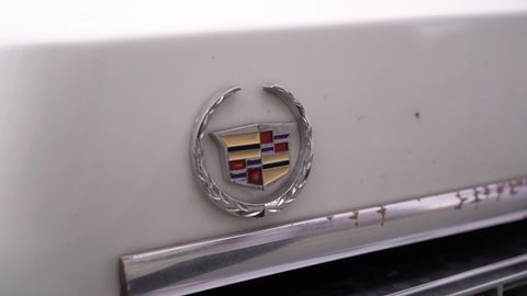 SAINT-PETERSBURG, RUSSIA - JULY 13, 2020: Cadillac white old retro car logo brand