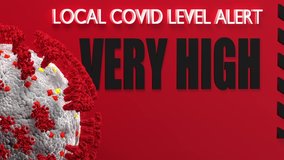 Sign LOCAL COVID LEVEL ALERT VERY HIGH. New Tier system in the United Kingdom warning public about coronavirus infection level in the area. 3D render video.