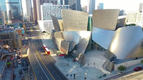 LOS ANGELES, CALIFORNIA - CIRCA 2020 - Beautiful high angle of the Walt Disney Concert Hall in downtown Los Angeles, California.
