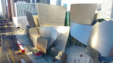 LOS ANGELES, CALIFORNIA - CIRCA 2020 - Beautiful aerial of the Walt Disney Concert Hall in downtown Los Angeles, California.