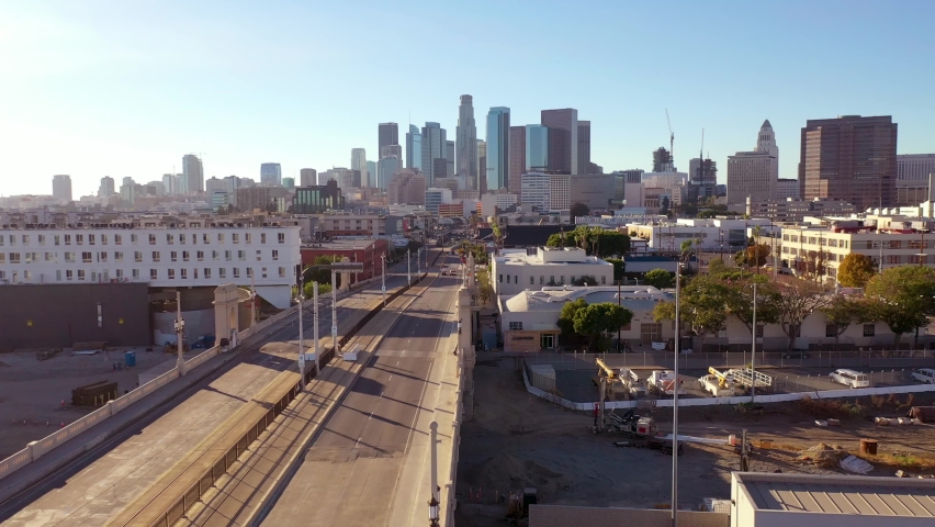 LOS ANGELES, CALIFORNIA - CIRCA 2020 - Aerial view of downtown Los Angeles from the LA River bridge and Union Station area.