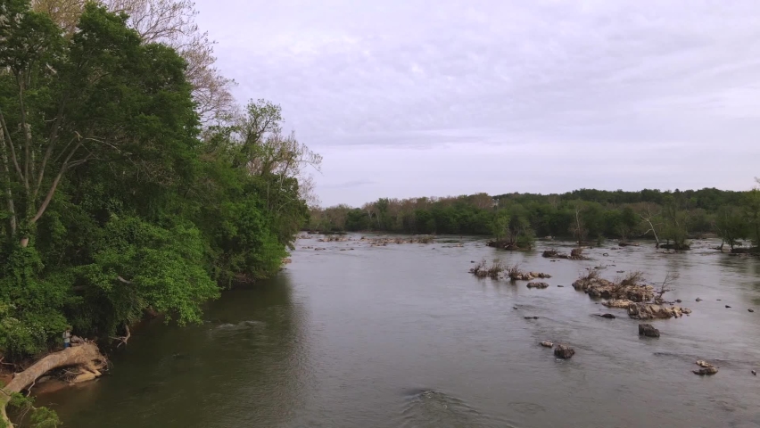 GREAT FALLS, VIRGINIA - CIRCA 2020 - Aerial along the Potomac River near Great Falls Virginia.