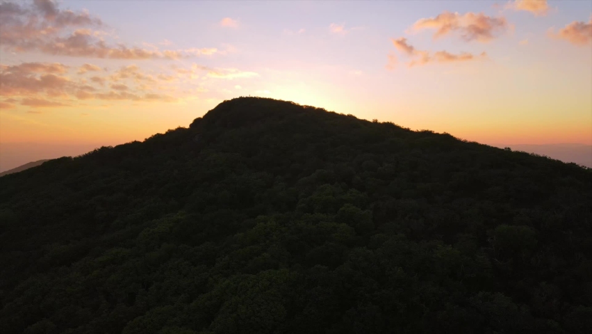 ASHEVILLE, NORTH CAROLINA - CIRCA 2020 - Aerial over the Blue Ridge Mountains at sunset near Asheville, North Carolina.