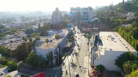 LOS ANGELES, CALIFORNIA - CIRCA 2020 - Aerial over Sunset Blvd Sunset Strip in West Hollywood, Los Angeles, California.