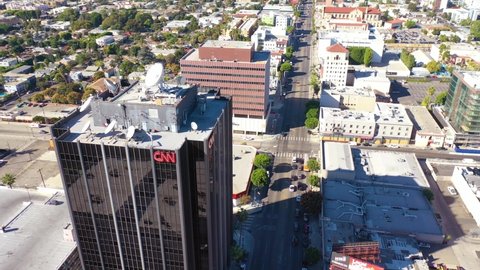 LOS ANGELES, CALIFORNIA - CIRCA 2020 - Aerial of the CNN cable news building in Hollywood Los Angeles bureau California.