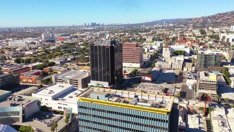 LOS ANGELES, CALIFORNIA - CIRCA 2020 - Aerial of the CNN cable news building in Hollywood Los Angeles bureau California.