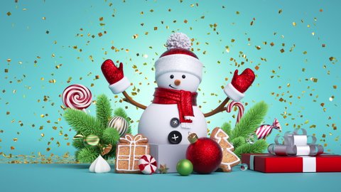 Happy New Year animated greeting card. 3d snowman jumps from the gift box, mint blue background. Bang of golden confetti. Christmas festive animation