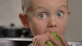 Child  (little boy) eating fruit, enjoying green apple. Healthy vegetarian food, childhood concept. Indoor,  kitchen, face closeup - Powered by Shutterstock - Get 15% off with code: PIKWIZARD15