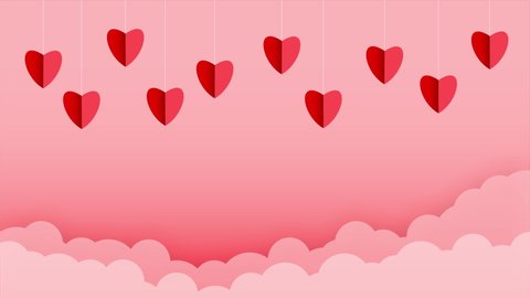 Motion graphic of Red heart paper cut bouncing with pink cloud on pink background for valentines festival of love