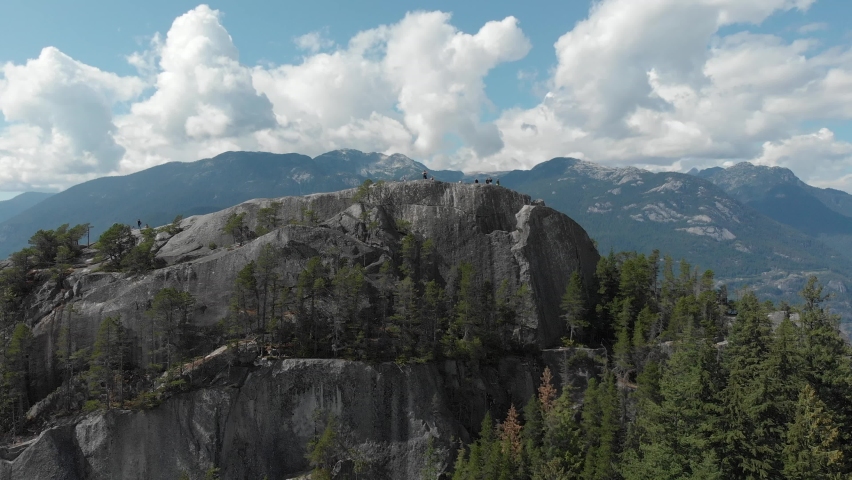 Aerial view of Chief Mountain during a cloudy day. Taken in Squamish, North of Vancouver, British Columbia, Canada.