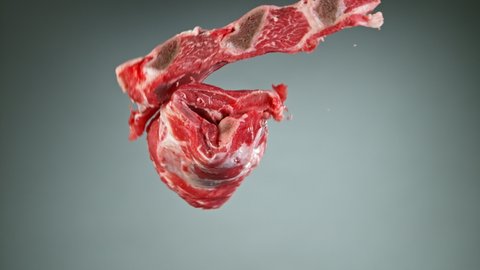 Close-up of Flying Tasty Beef Meat Slow Motion, Filmed on High Speed Cinematic Camera.