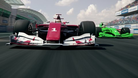 Dynamic front view of a generic formula one race car chasing trying to overtake the leader. Realistic high quality 3d animation. My own car design, no copyright or trademark infringement