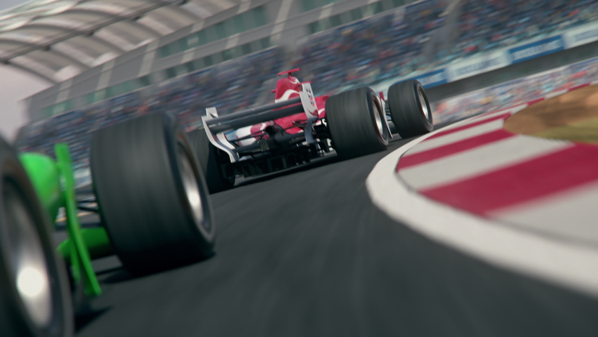 Dynamic rear view of a generic formula one race car chasing the leader. Realistic high quality 3d animation. My own car design, no copyright or trademark infringement