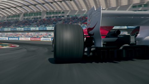 Dynamic rear view of a generic formula one race car driving along the track. Realistic high quality 3d animation. My own car design, no copyright or trademark infringement