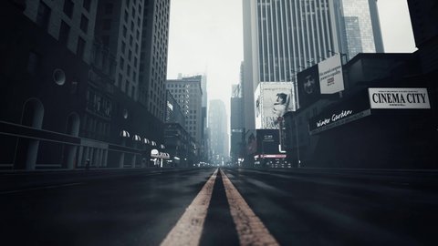 Empty streets of a big city. Empty New York streets. Empty streets during a pandemic. Bottom view of skyscrapers. 3d visualization