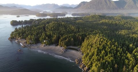 Middle Beach, Tofino, Vancouver Island, Canada, Drone Aerial View of Scenic Coastline on Sunny Evening